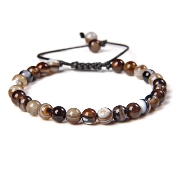 Unisex 6mm Dark Coffee Striped Agate Natural Stone Beaded Rope Bracelet NEW - Picture 7 of 7